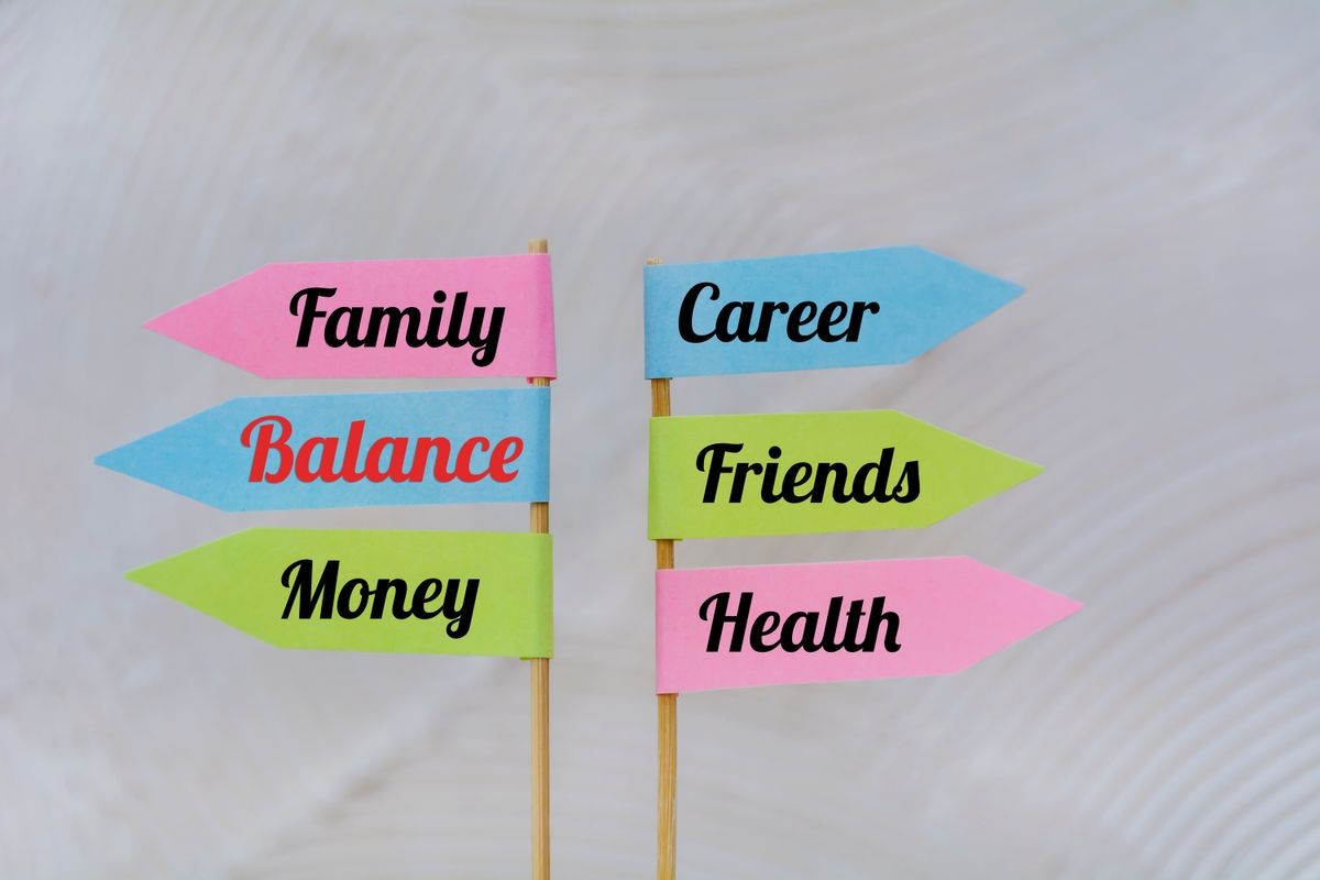 Mental Health Solutions Concept with Arrows with Words Family, Balance ,Money, Career, Friends and Health  .